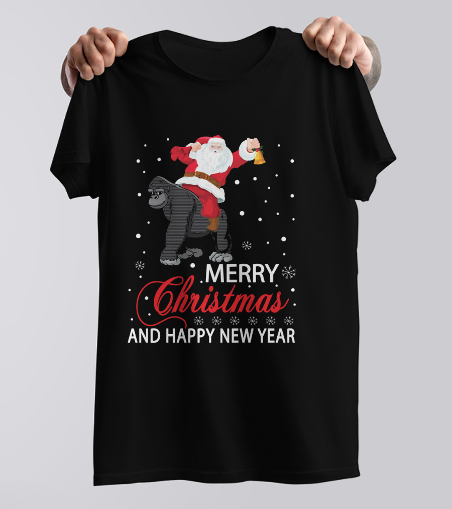 Merry Christmas Santa Riding Gorilla With Bell And Snowflakes Happy New Year T-Shirt