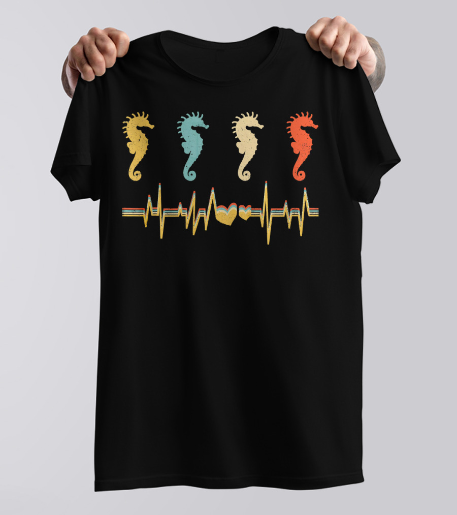 Seahorse Retro Vintage Heartbeat With Colorful Seahorses And Heartbeat Line T-Shirt