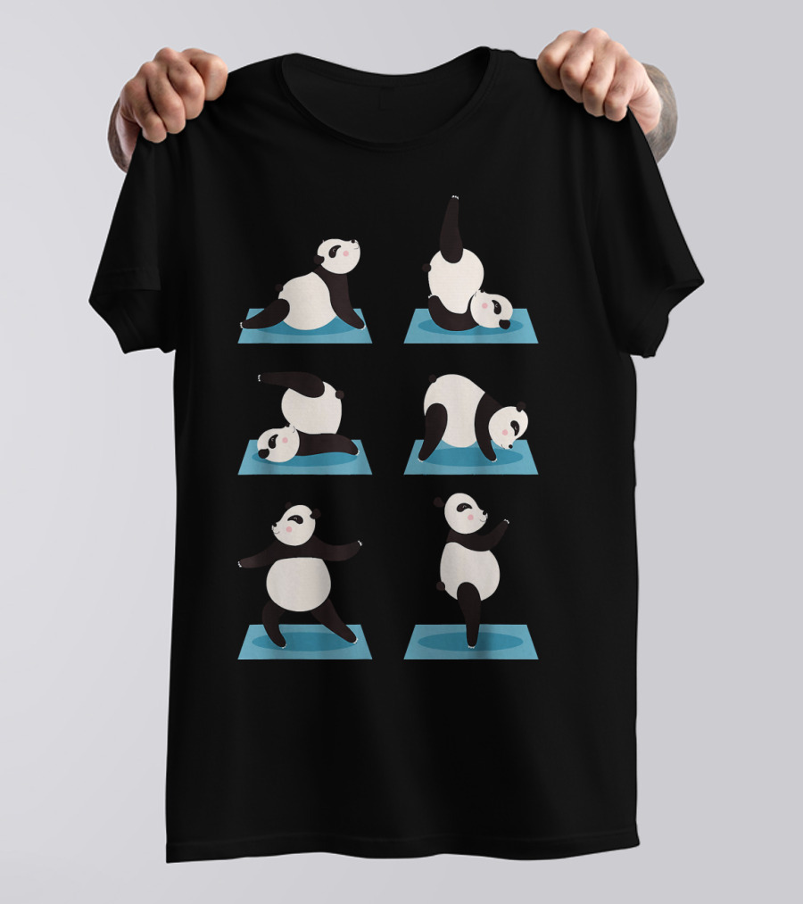 Playful Yoga Panda Poses On Blue Yoga Mat Series T-Shirt