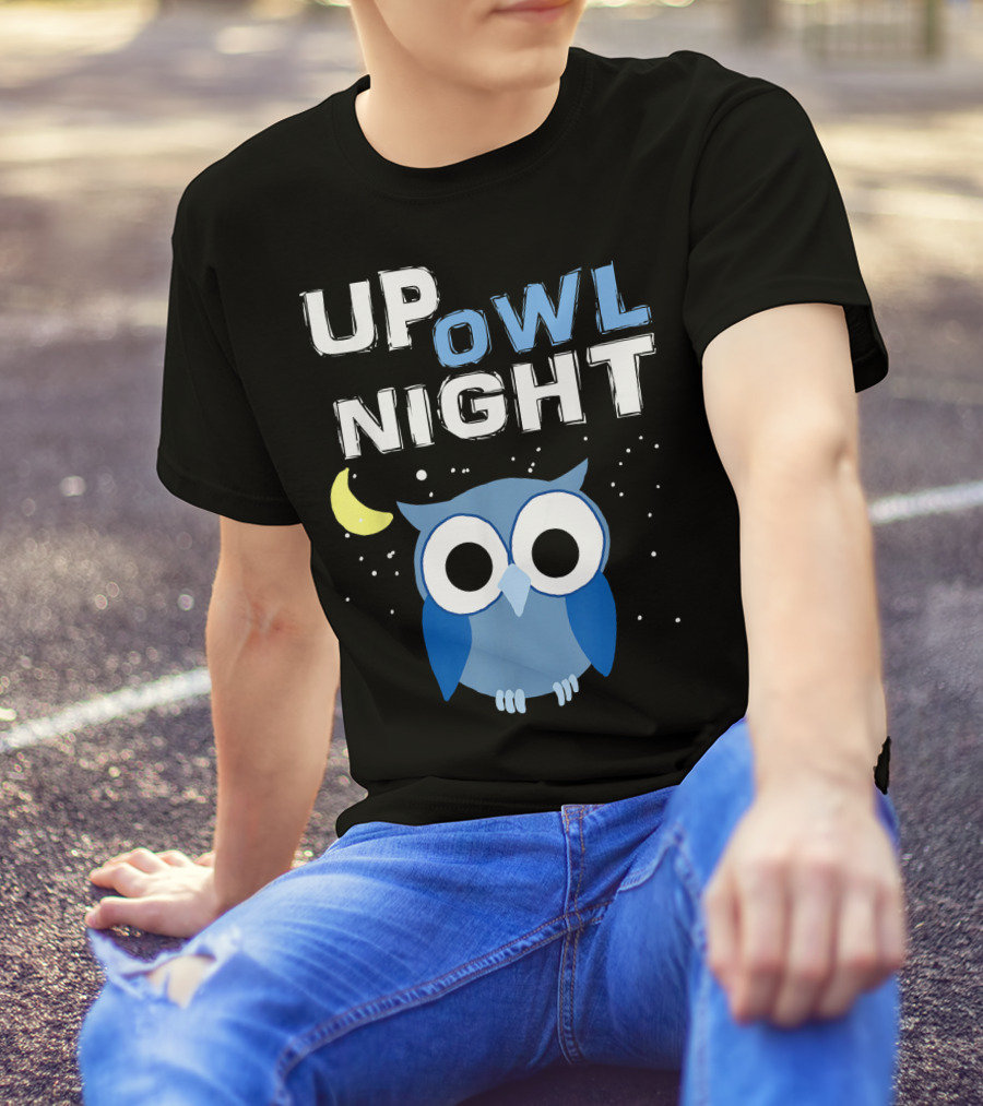 Up Owl Night Blue Owl With Moon And Stars Nocturnal Bird Love T-Shirt