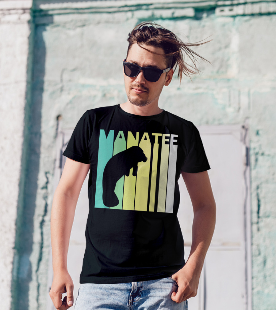 Wild Manatee Silhouette With Colorful Stripe Background T-Shirt