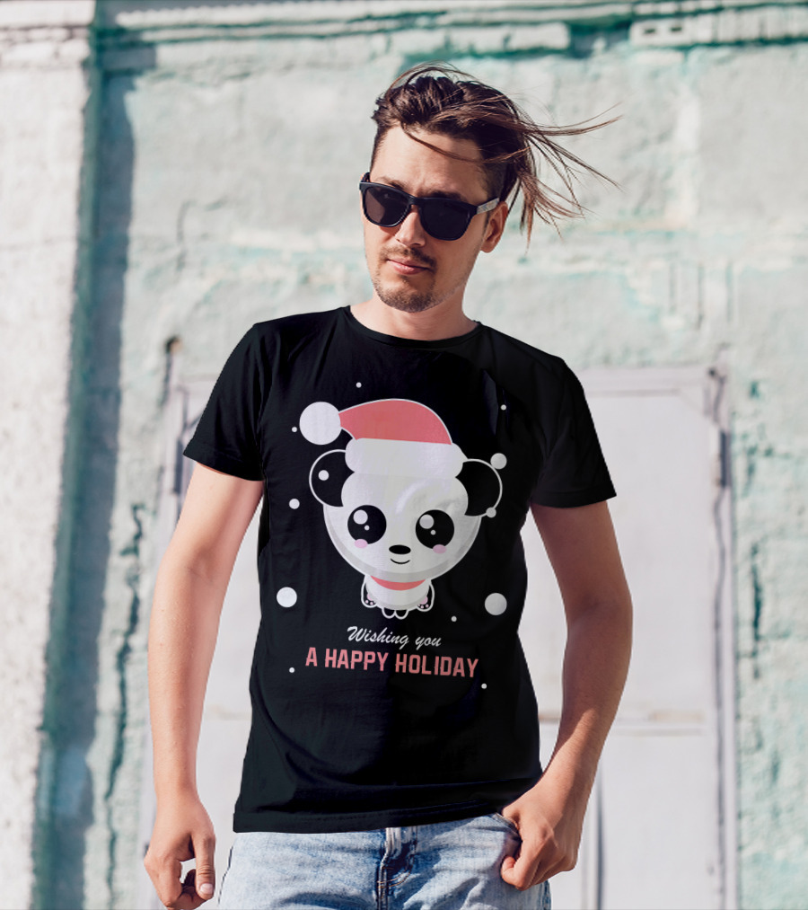 Wishing You A Happy Holiday Panda Santa Hat Snowflakes T-Shirt