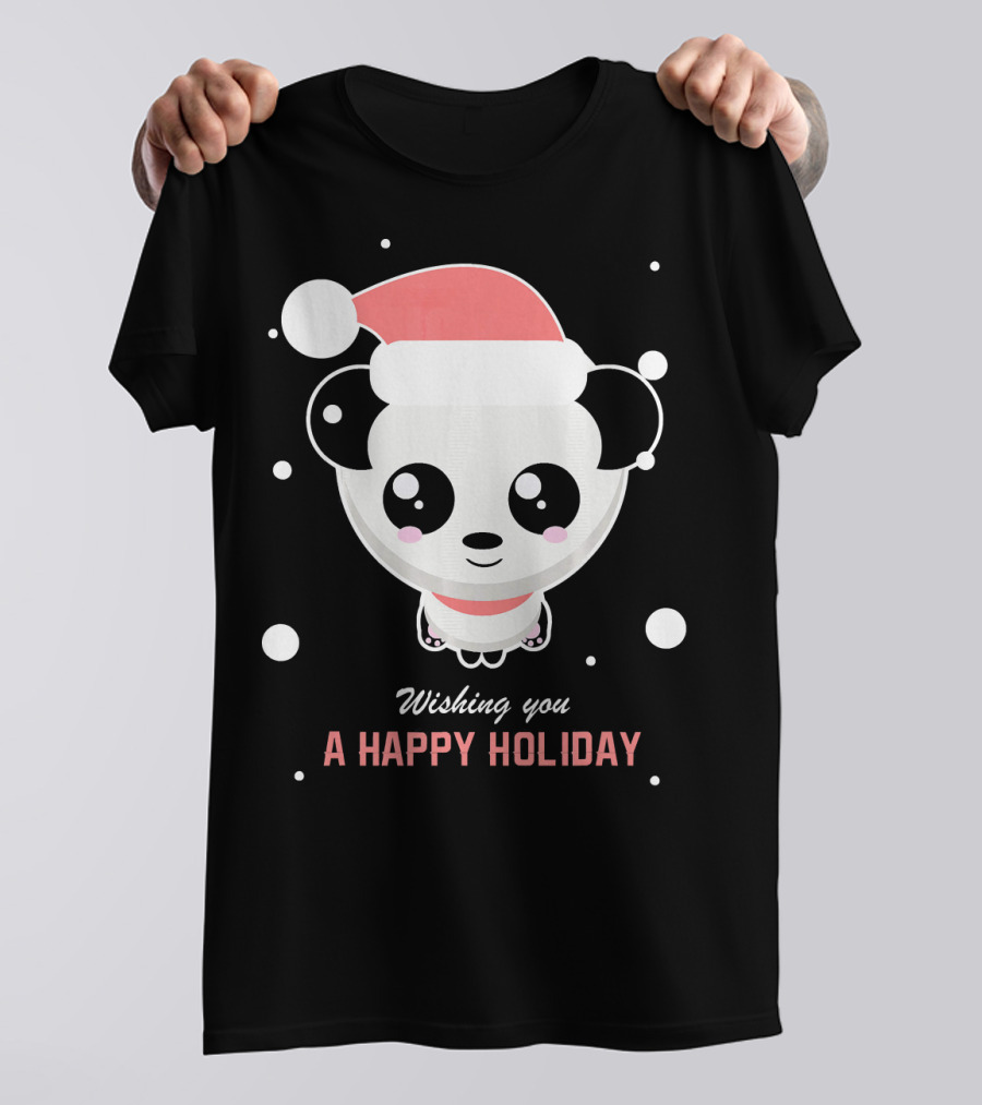 Wishing You A Happy Holiday Panda Santa Hat Snowflakes T-Shirt