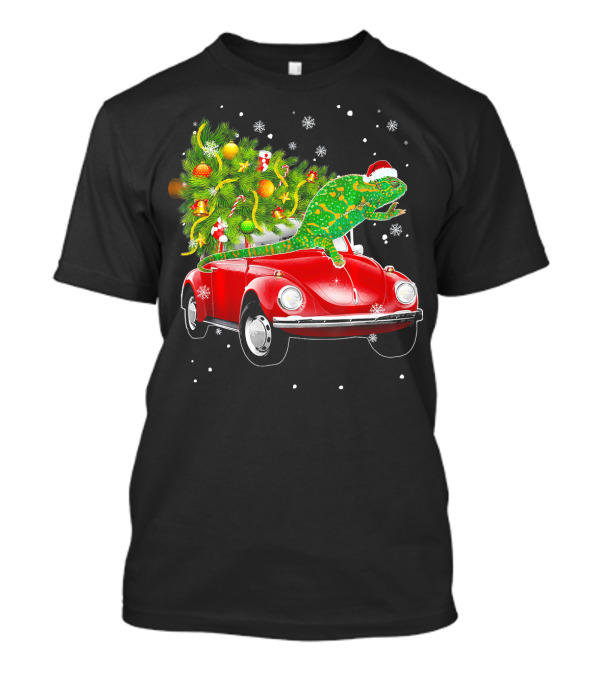 Chameleon In Santa Hat On Red Beetle With Christmas Tree And Snowflakes T-Shirt