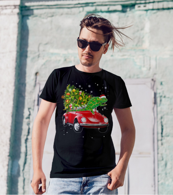 Chameleon In Santa Hat On Red Beetle With Christmas Tree And Snowflakes T-Shirt