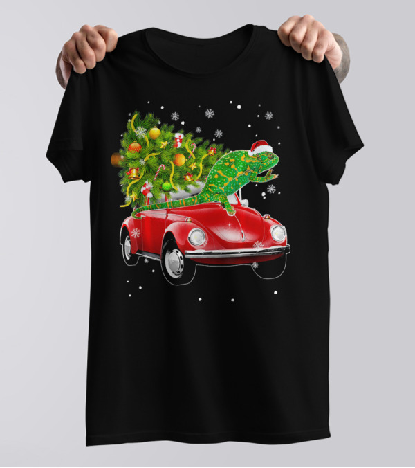 Chameleon In Santa Hat On Red Beetle With Christmas Tree And Snowflakes T-Shirt