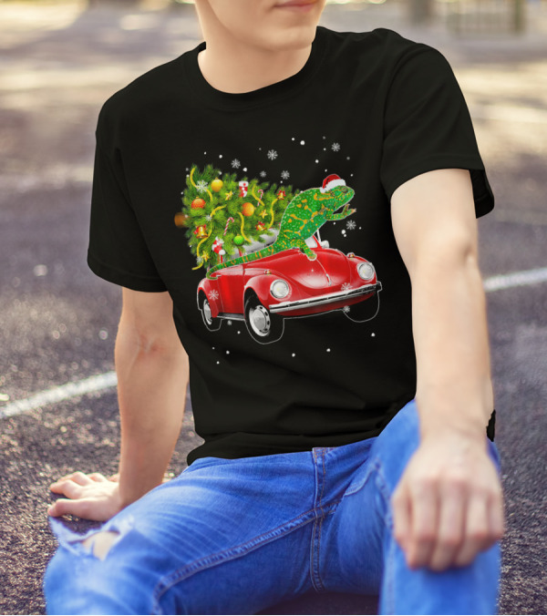 Chameleon In Santa Hat On Red Beetle With Christmas Tree And Snowflakes T-Shirt
