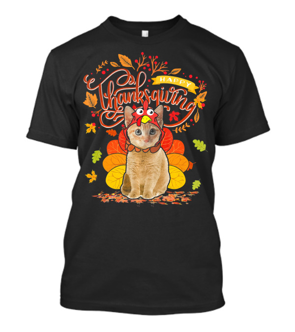 Happy Thanksgiving Cute Cat Wearing Turkey Hat Fall Autumn T-Shirt