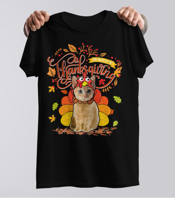 Happy Thanksgiving Cute Cat Wearing Turkey Hat Fall Autumn T-Shirt