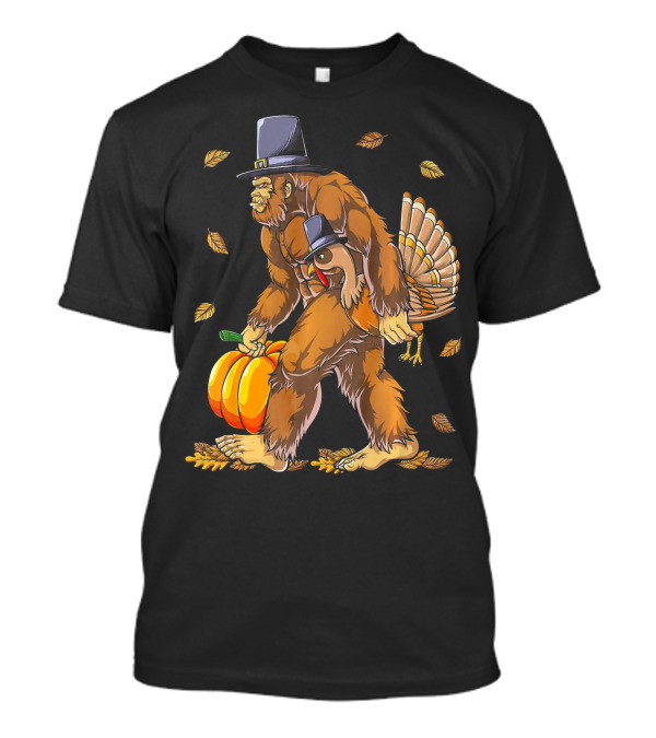 Bigfoot Pilgrim Turkey Pumpkin Leaves T-Shirt