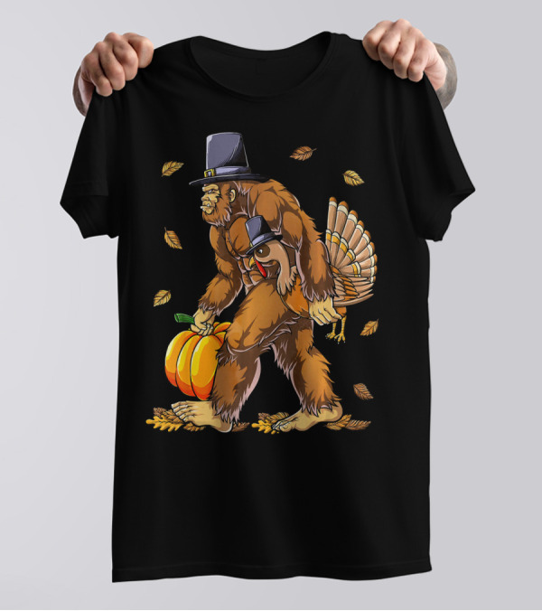 Bigfoot Pilgrim Turkey Pumpkin Leaves T-Shirt