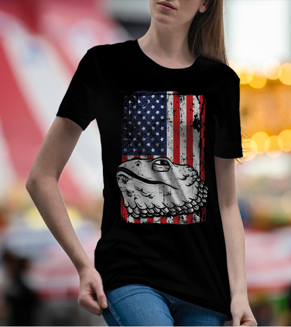 4th Of July American Flag Bearded Dragon Head T-Shirt