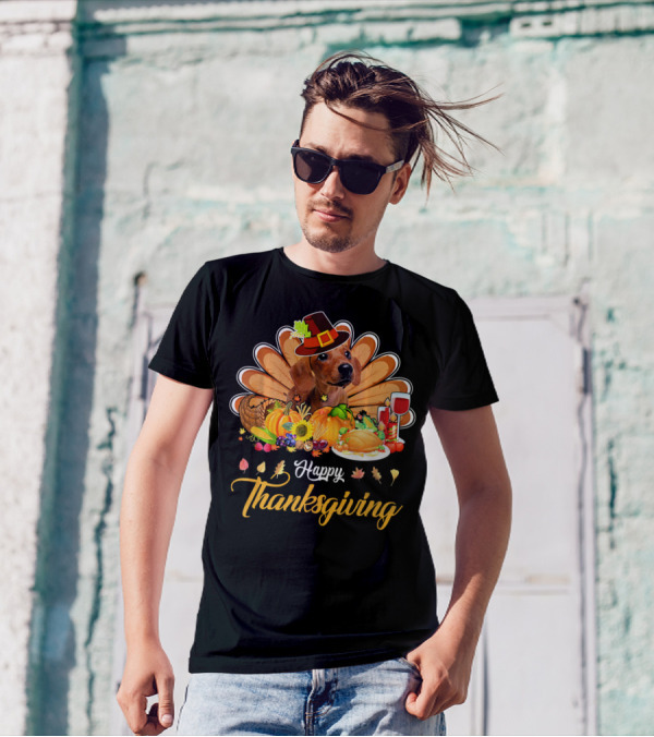 Happy Thanksgiving Dachshund Turkey Dish Wine T-Shirt