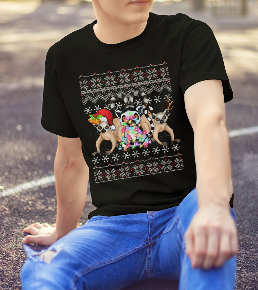 Christmas Three Lemur Santa Hat Reindeer Antlers Lights Snowflakes T-Shirt