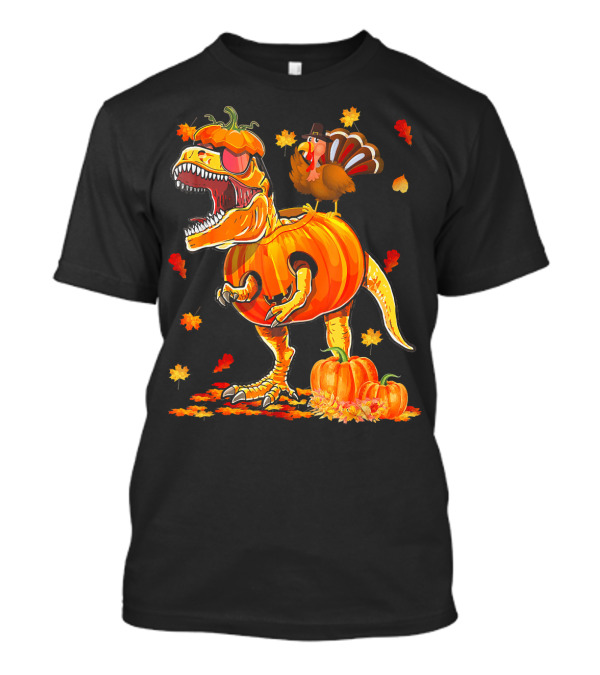 Dinosaur Pumpkin With Thanksgiving Turkey And Autumn Leaves T-Shirt