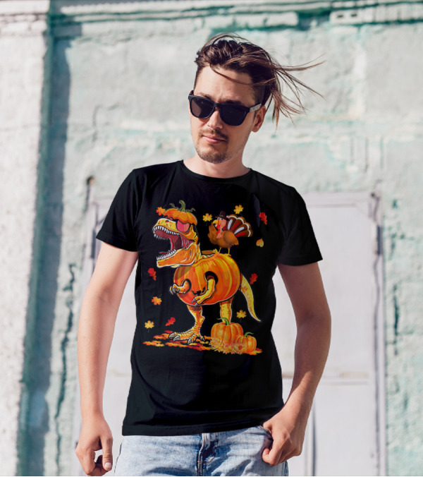 Dinosaur Pumpkin With Thanksgiving Turkey And Autumn Leaves T-Shirt