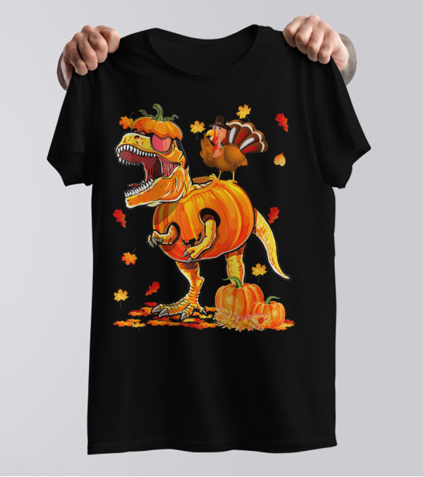 Dinosaur Pumpkin With Thanksgiving Turkey And Autumn Leaves T-Shirt