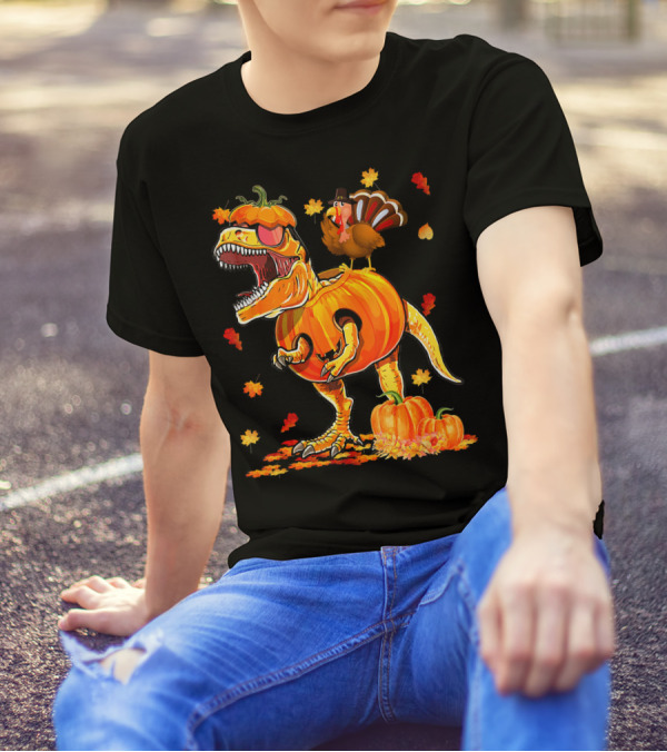 Dinosaur Pumpkin With Thanksgiving Turkey And Autumn Leaves T-Shirt
