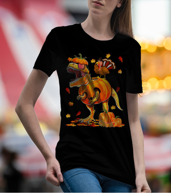 Dinosaur Pumpkin With Thanksgiving Turkey And Autumn Leaves T-Shirt