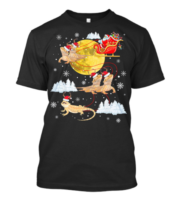 Santa's Sleigh Bearded Dragon Christmas Moon Snowflakes T-Shirt