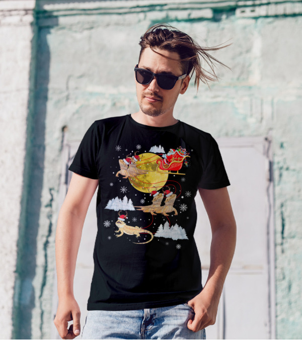 Santa's Sleigh Bearded Dragon Christmas Moon Snowflakes T-Shirt