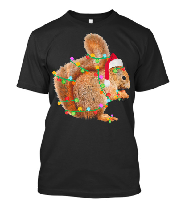 Christmas Squirrel With Santa Hat And Holiday Lights T-Shirt