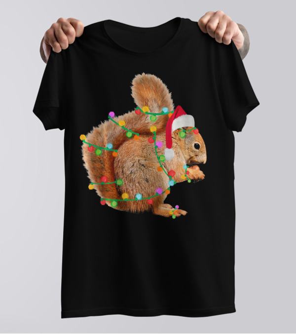 Christmas Squirrel With Santa Hat And Holiday Lights T-Shirt