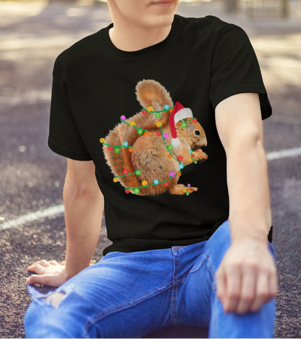 Christmas Squirrel With Santa Hat And Holiday Lights T-Shirt
