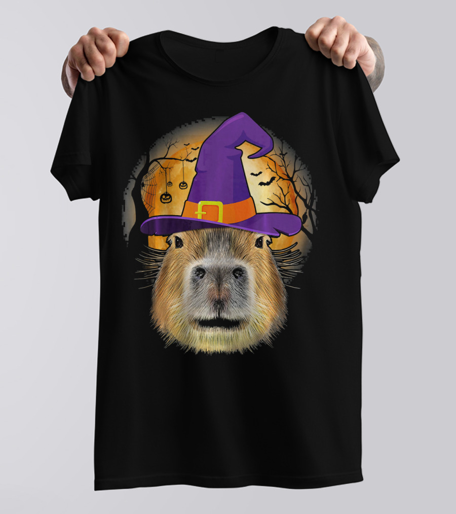 Capybara Witch Halloween Moon Bats Pumpkins Hat T-Shirt