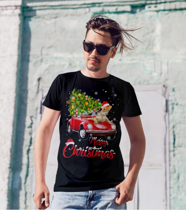 Merry Christmas Bearded Dragon On Red Truck With Christmas Tree T-Shirt