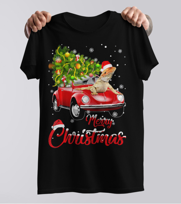 Merry Christmas Bearded Dragon On Red Truck With Christmas Tree T-Shirt