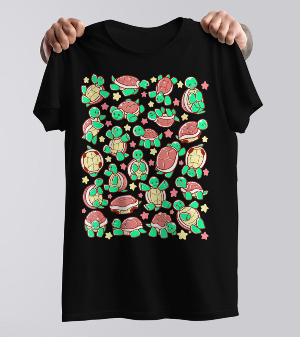 Adorable Turtle Tortoise Pattern With Smiling Tortoises And Colorful Stars T-Shirt