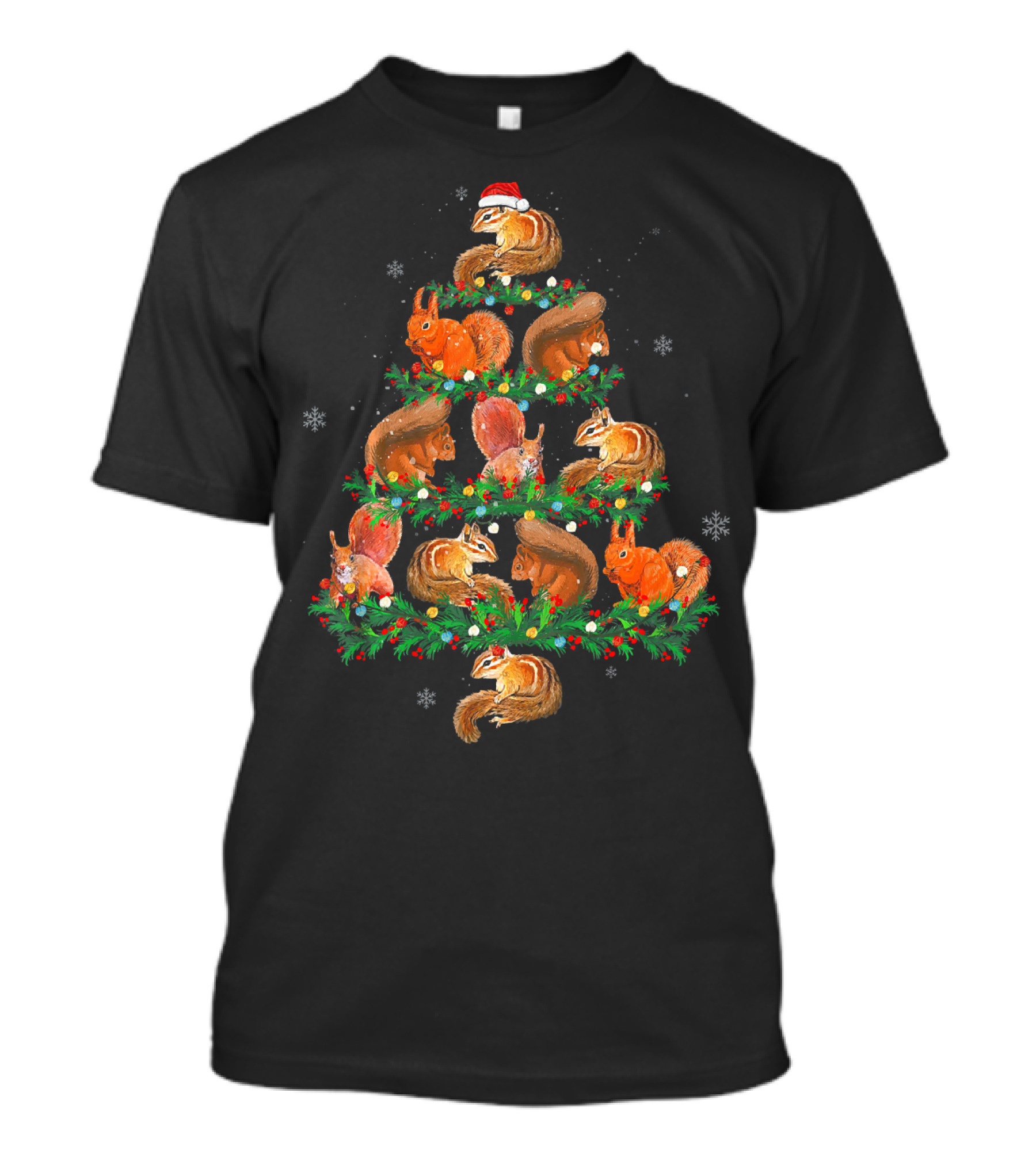 Cute Squirrels Decorating Christmas Tree With Santa Hat T-Shirt