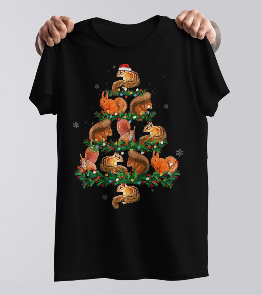 Cute Squirrels Decorating Christmas Tree With Santa Hat T-Shirt