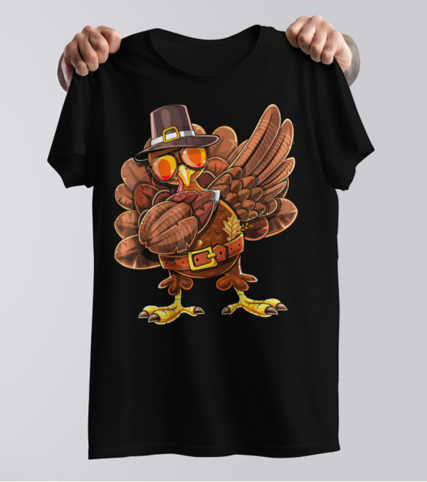 Dabbing Turkey Funny Thanksgiving Pilgrim Hat Sunglasses T-Shirt