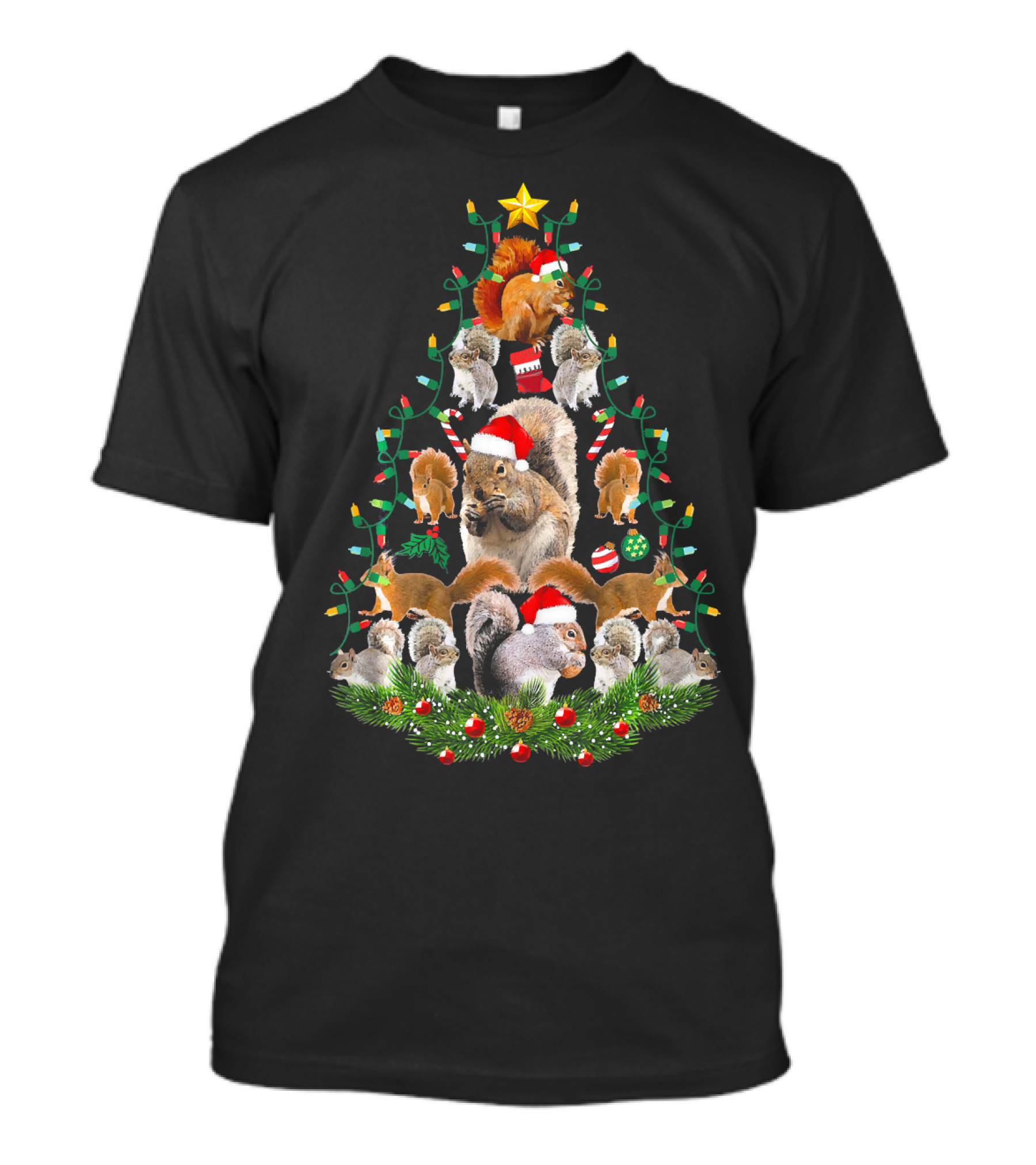 Cute Squirrel Christmas Tree Lights Ornaments Santa Hats T-Shirt