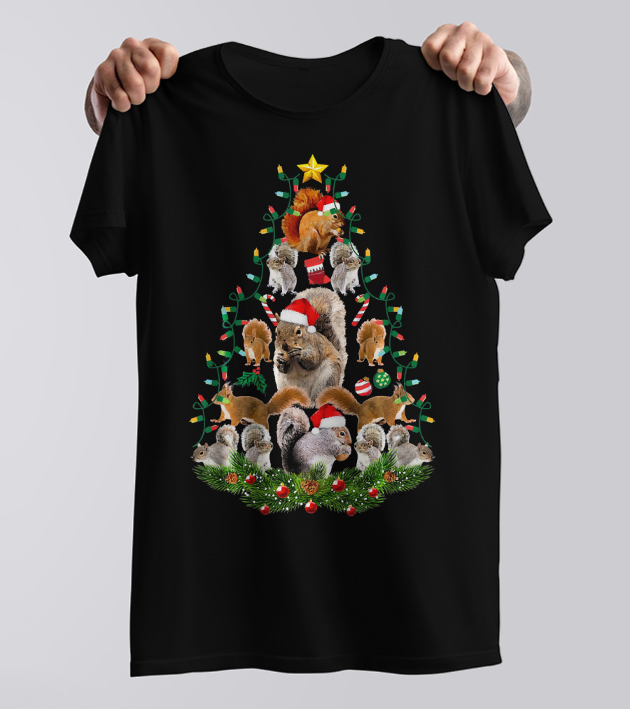 Cute Squirrel Christmas Tree Lights Ornaments Santa Hats T-Shirt
