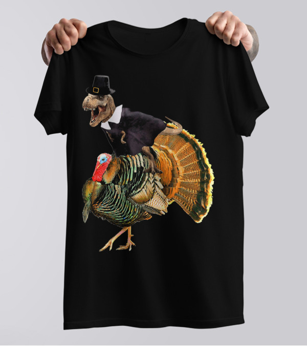 Dinosaur Pilgrim Costume Riding Turkey Thanksgiving Humor T-Shirt