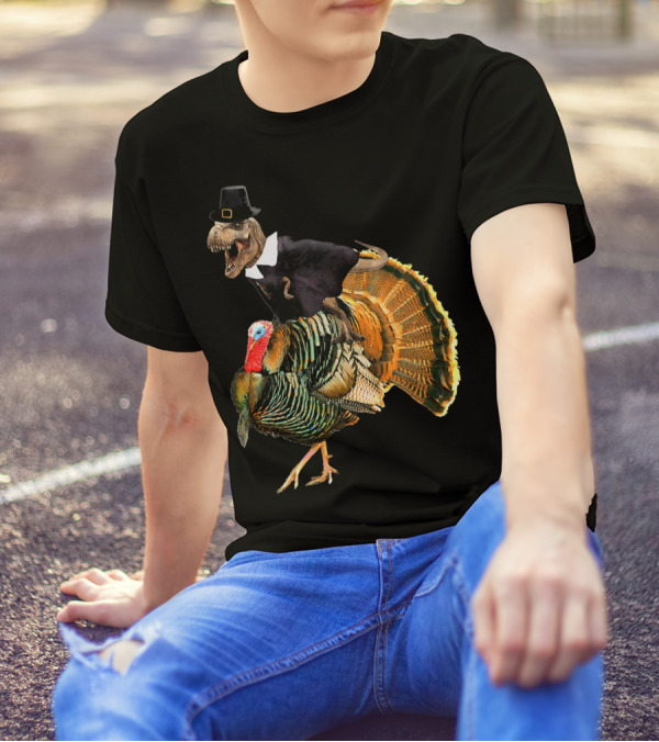 Dinosaur Pilgrim Costume Riding Turkey Thanksgiving Humor T-Shirt