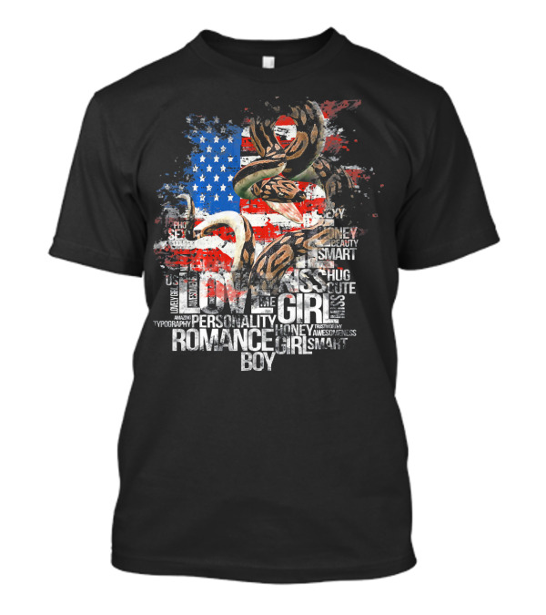 Ball Python Snake USA Flag Love Romance Typography T-Shirt