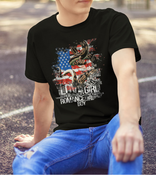 Ball Python Snake USA Flag Love Romance Typography T-Shirt