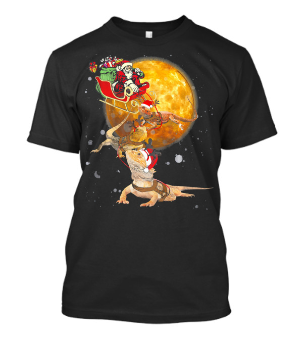Santa Sleigh Reindeer Bearded Dragon Christmas Moon T-Shirt
