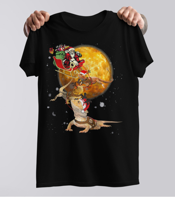 Santa Sleigh Reindeer Bearded Dragon Christmas Moon T-Shirt