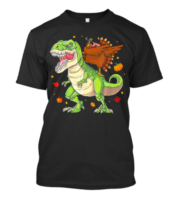 Thanksgiving Turkey Dabbing On T-Rex With Autumn Leaves And Pumpkins T-Shirt
