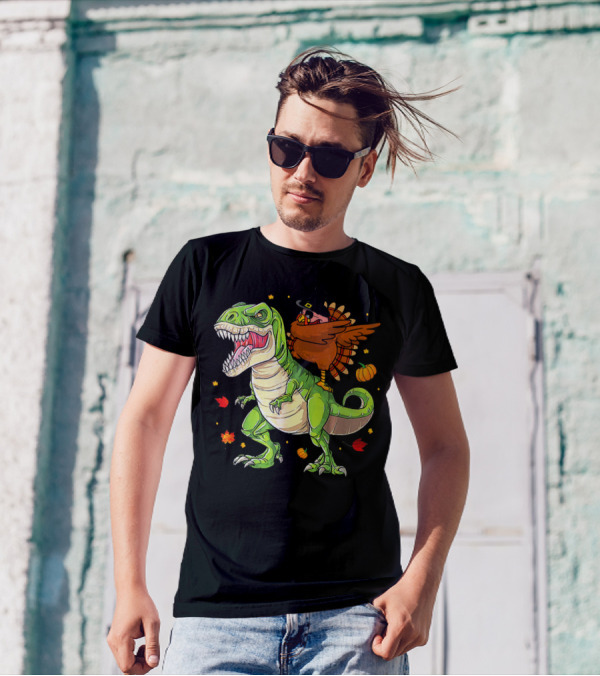 Thanksgiving Turkey Dabbing On T-Rex With Autumn Leaves And Pumpkins T-Shirt