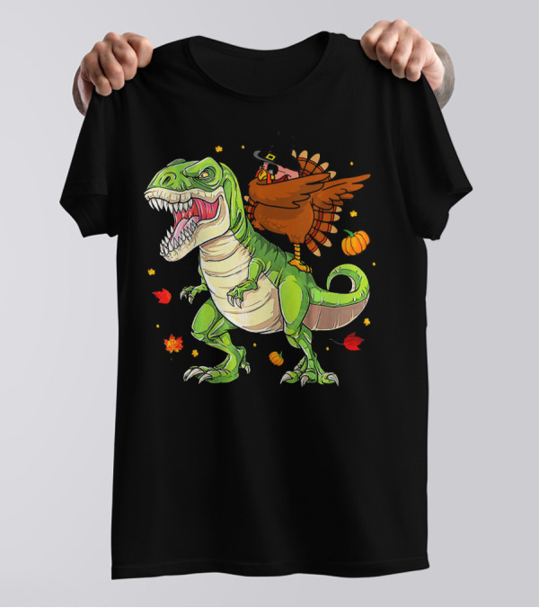 Thanksgiving Turkey Dabbing On T-Rex With Autumn Leaves And Pumpkins T-Shirt