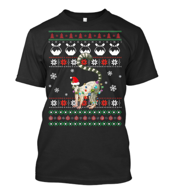 Cute Lemur Santa Hat Ugly Christmas Light Snowflakes T-Shirt