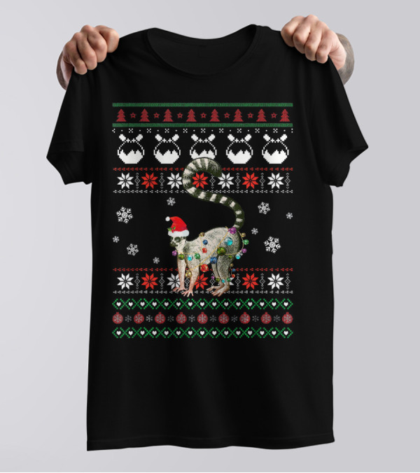Cute Lemur Santa Hat Ugly Christmas Light Snowflakes T-Shirt