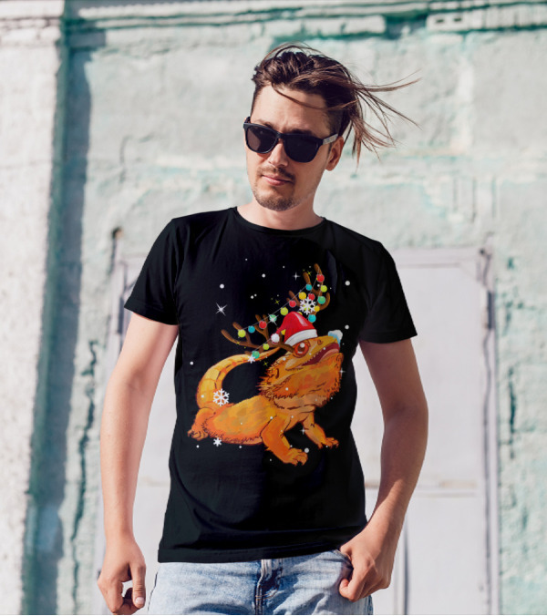 Christmas Bearded Dragon With Reindeer Antlers And Santa Hat T-Shirt