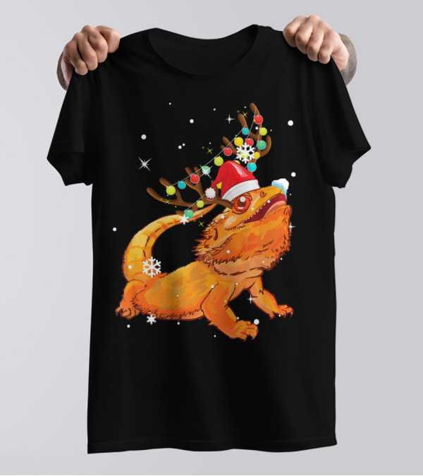 Christmas Bearded Dragon With Reindeer Antlers And Santa Hat T-Shirt